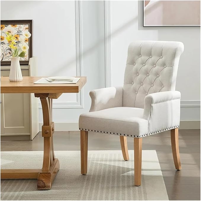 Adjustable Office Computer Chair with Armrest Solid Wood Leg Upholstered Tufted High Back Dining Room Decorate Fabric Chair with Arms(Beige)