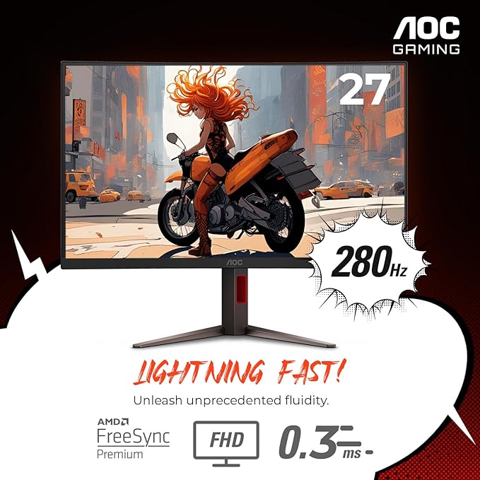 AOC C27G4ZH 27 Curved Frameless Ultra-Fast Gaming Monitor FHD 1080p 0.3ms HDMI 240Hz/DP 280Hz 1500R AMD FreeSync HDR Height Adjustable 3-Year Zero Dead Pixel Guarantee