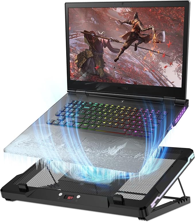 DEPGI Laptop Cooling Pad Laptop Cooler Stand with 5.5 Movable Fan Easy to Clean 10 RGB Light Modes Auto Temp Sensor &amp 3-Speed Manual Control Ultra Quiet ≤40dB for 14–17.3 Inch Laptops