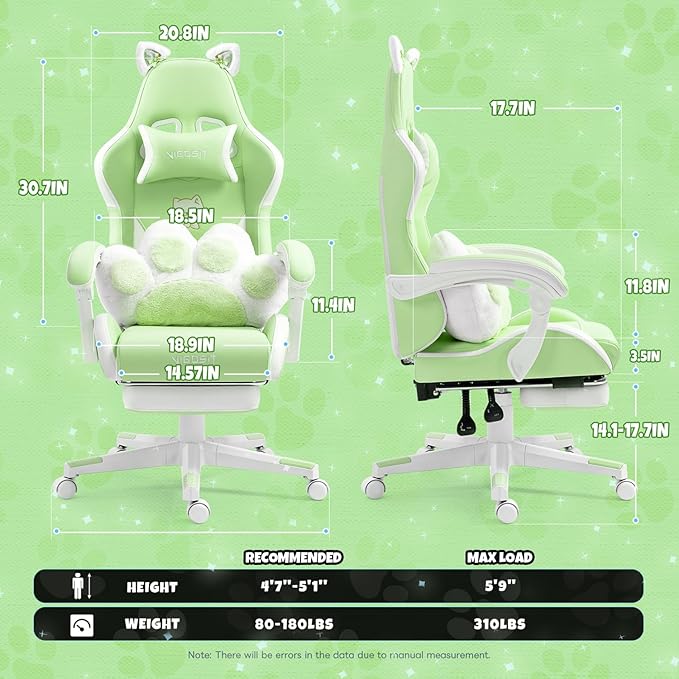 Green Gaming Chair with Cat Ears &amp Cute Paw Lumbar Pillow Ergonomic Racing Style Computer Chair with Footrest Reclining High Back PU Leather Video Gamer Chairs for Girls &amp Kids &amp Adults