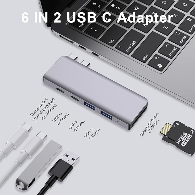 USB C Hub 6-in-2 USB Adapter for MacBook Pro Air Thunderbolt 4 Dock with 100W PD 40Gbps USB-C 3.0 2 USB-A 3.0 SD/TF Card Reader Compatible with MacBook Pro Air M1/M2/M3/M4