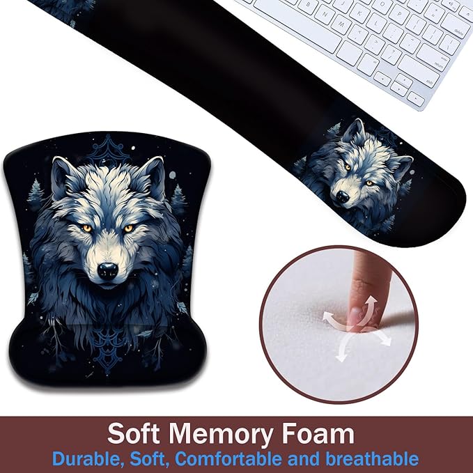 Keyboard Wrist Rest and Mouse Pad Wrist Support with Lace-Shaped Coaster Set Ergonomic Gel Memory Foam and Anti-Slip Base Easy Typing and Pain Relief - Night Moon Wolf