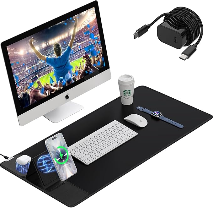 Wireless Charging Mouse Pad with Foldable Phone Holder 15W Magnetic Fast Charging for iPhone Samsung 31.5x15.75 Large Desk Mat for Laptop/Keyboard Waterproof Gaming Mousepad with Non-Slip Base