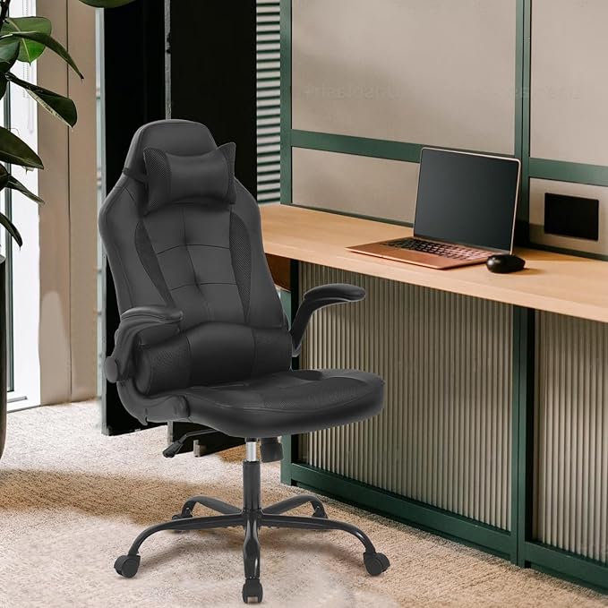 Gaming Chair Computer Chair Ergonomic Office Chair with Lumbar Support Flip Up Arms Headrest PU Leather Executive High Back Home Office Desk Chair for Adults Officials TeensBlack