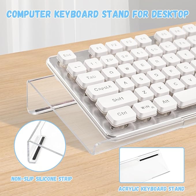 Acrylic Keyboard Stand with Cooling Gel Wrist Rest Set Clear Ergonomic Keyboard Riser Tilted Computer Keyboard Holder with Non-Slip Silicone for Mechanical/Wireless Keyboards Home Office &amp Gami