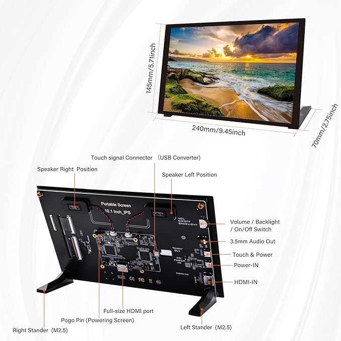GeeekPi 10.1 inch Capacitive Touchscreen for Raspberry Pi HDMI Monitor IPS 1280X800 LCD Display with Dual-Speaker for Raspberry Pi 5/4B/3B+/3B/B+ with Mount Hole to Install Raspberry Pi Board