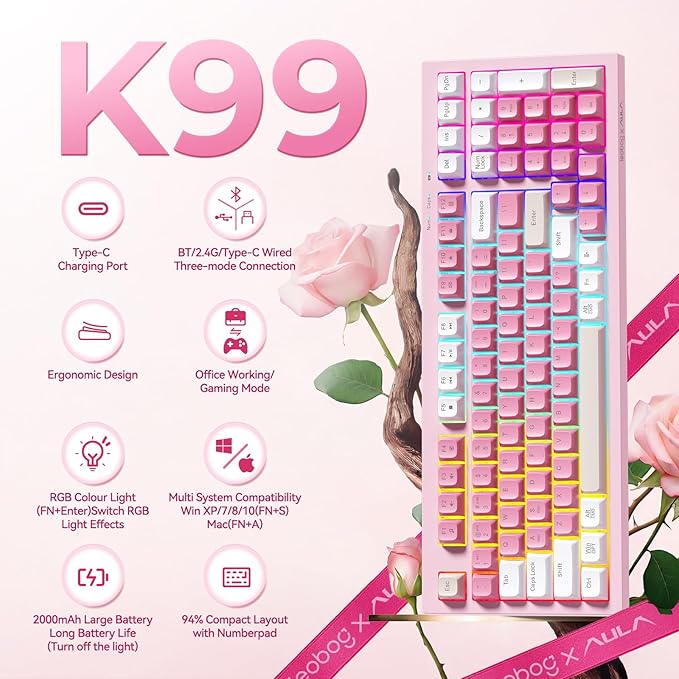 LEOBOG x Aula Gaming Keyboard Wireless Creamy Keyboard Bluetooth Computer Keyboards Ergonomic Pink Keyboard Full Size with Number Pad Light Up RGB Backlit Tri-Mode BT/2.4GHz/USB-C - K99