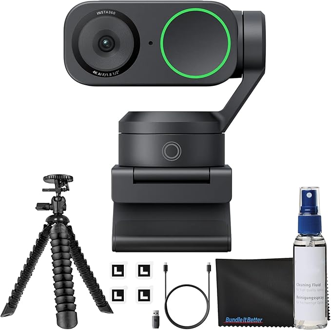 Insta360 Link 2 - PTZ 4K Webcam for PC/Mac 1/2 Sensor AI Tracking HDR AI Noise-Canceling Mic Gesture Control for Streaming Video Calls Gaming &amp More Bundle with Flexible Tripod &amp Lens