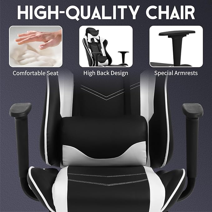 BLKMTY Massage Gaming Chair with Footrest Ergonomic Office Chair Racing Computer Chairs PU Leather with High Back Lumbar Support Headrest Reclining Chairs White