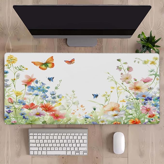 Color Flower Butterfly Leaf Large Mouse Pad Gaming Mousepad Desk Mat for Desktop Computer Keyboard Waterproof Mouse Mat Desk Pad with Non-Slip Base for Game School Office Home 35.4 x 15.7