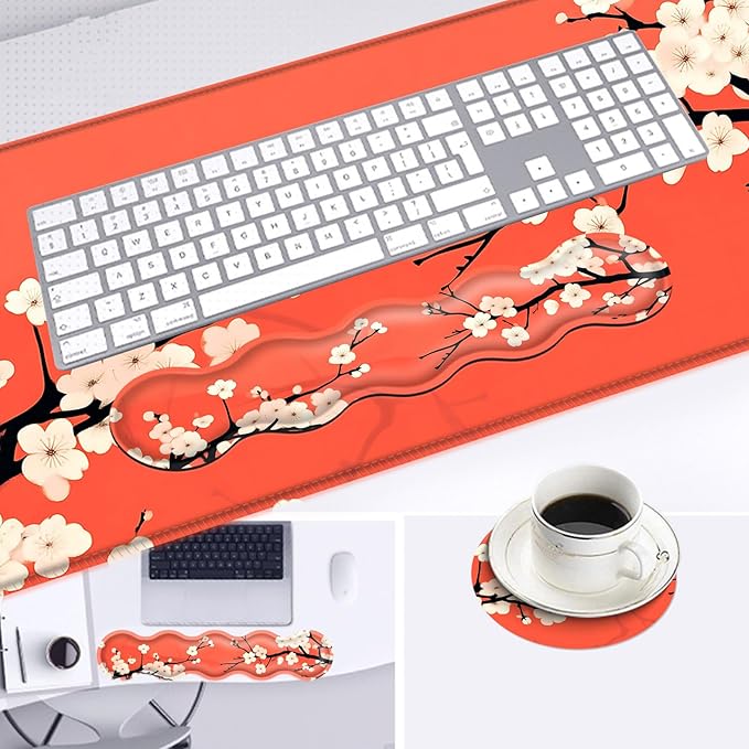 Large Mouse Pad and Keyboard Wrist Rest Desk Pad for Keyboard and Mouse 4-in-1 Large Gaming Mouse Pad with Wrist Support Desk Mat for Home Office Study GameBeautiful Flowers