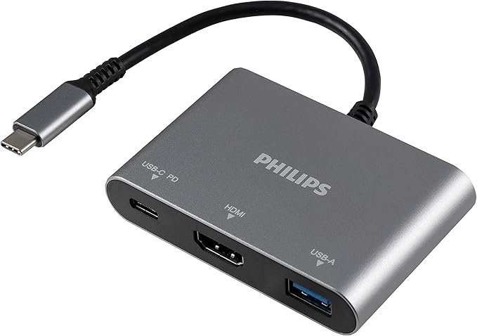 Philips USB C Hub to Multiport Adapter 3 in 1 Power Pass Through HDMI 4k@30Hz 60W USB C Charging Port 5Gbps USB 3.0 Port for MacBook Pro MacBook Air UCB C Laptop Docking Station DLK9220C/27