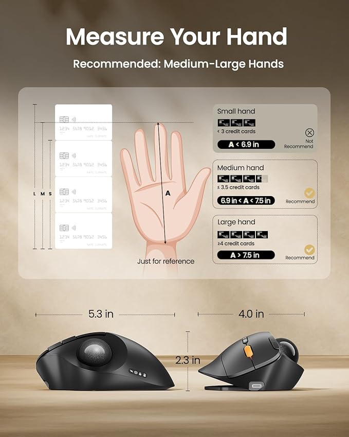 ProtoArc Wireless Bluetooth Trackball Mouse EM02 Two Adjustable Angle Ergonomic Rechargeable Computer Ball Mouse 3 Device Connection Thumb Control and Smooth Tracking for Laptop PC Mac-Gray