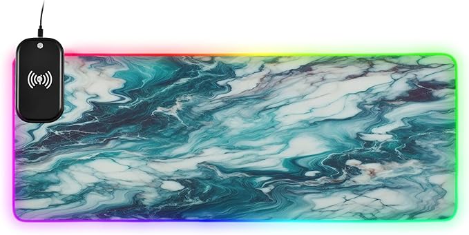 Turquoise Blue Marble Gaming Mouse Pad Led Mousepads RGB Backlit with 14 Lighting Modes Non Slip Base Soft Computer Keyboard Mat for Gaming PC Laptop Desk S
