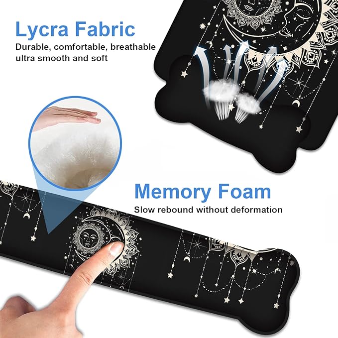 Wrist Rest Support Ergonomic Gel Mouse Pad and Memory Foam Keyboard Set Non-Slip Rubber PU Base for Home Office Working Studying Easy Typing &amp Pain Relief Celestial Theme Sun with Crescent Moon