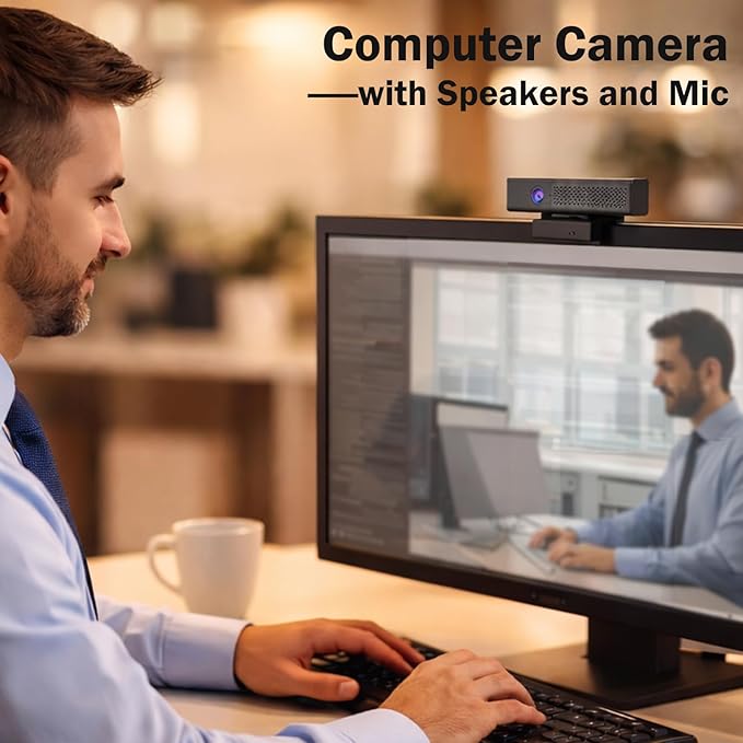 ROTOPATA Webcam with Speakers and Mic Full HD 1080P/30FPS Computer Camera for Streaming Video Conference  4 Noise-Cancelling Mics Privacy Cover 90°FOV USB-A Webcam for PC Desktop Monitor Laptop