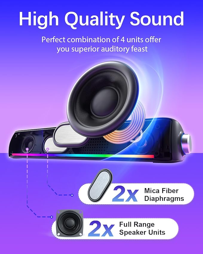 Computer Speakers Hi-Fi Sound Quality Computer Sound Bar Bluetooth 5.0 &amp 3.5mm Wired PC Speakers with 4 Dynamic Lighting Modes USB Powered Speakers for PC Desktop Laptops Phones Monitors X