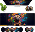 4 in 1 Ergonomic Memory Foam Mouse Pad Wrist Rest Set Large XXL Gaming Desk Pad + Keyboard Wrist Rest + Mouse Wrist Cushion + Coaster for Home Office Study Gaming Cute Pug with Headphones