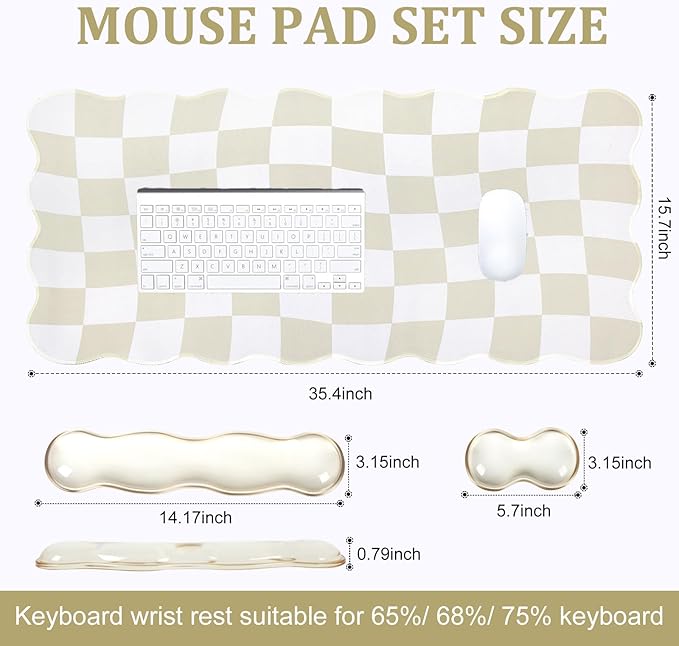 L-SPOUTTO Beige Checkered Mouse Pad SetScalloped XXL Desk Mat + Ergonomic Mouse Wrist Rest + Gel Keyboard Wrist Rest for Keyboard 65%/75%3in1 Large Desk Pad for Desktop Home Office Computer Game