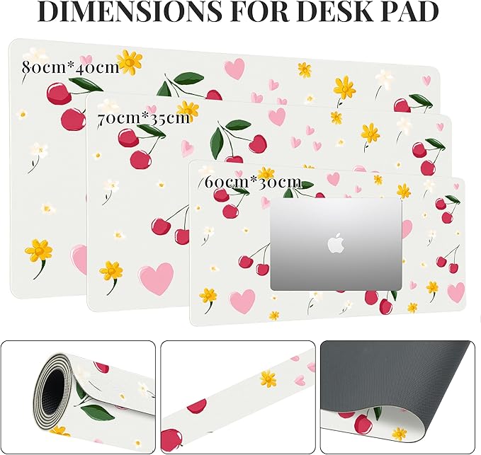Idocolors Cherry Desk Mat Cute Extended Gaming Keyboard Mouse Pad Large Office Desk Cover Mat Pad Deskmat Non-Slip Leather Home Office Desk Mat Protector 31.5×15.7