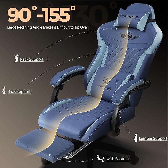 GTPLAYER Gaming Chair with Footrest Big and Tall Game Chair High Back Computer Office Chair with Lumbar Support for Adults Ergonomic Swivel Games Chair with Cushion Gaming Fabric Blue