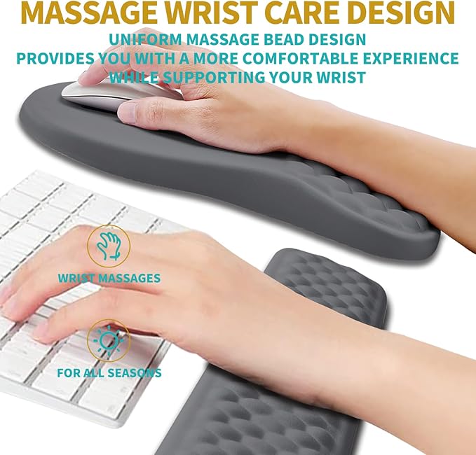 Hokafenle 2 in 1 Ergonomic Mouse Pad Wrist Support &amp Wrist Rest for Computer Keyboard Set with Relieve Carpal Tunnel Pain Massage Bulge and Full Memory Gel Design (2In1 Set Dark Gray)