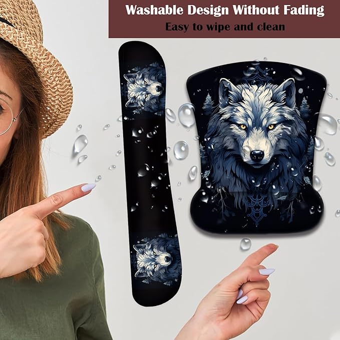 Keyboard Wrist Rest and Mouse Pad Wrist Support with Lace-Shaped Coaster Set Ergonomic Gel Memory Foam and Anti-Slip Base Easy Typing and Pain Relief - Night Moon Wolf