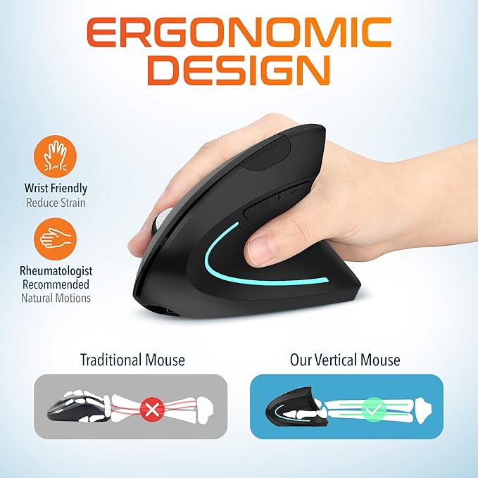 Delton Ergonomic Vertical Rechargeable Wireless Mouse with Auto Pair USB Dongle 6 Buttons 3 Adjustable DPI Levels (800/1200/2400) Compatible for PC Laptop Mac Chromebook - Black