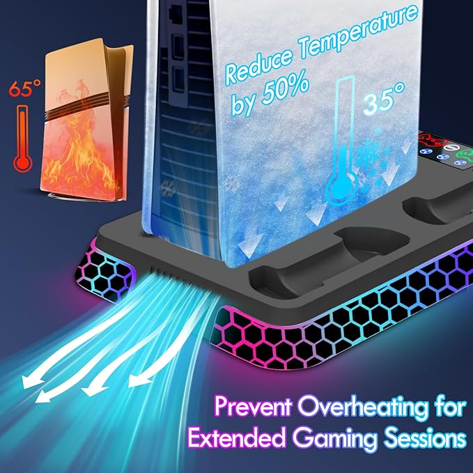 Pro Slim Cooling Station with RGB LightsStand Vertical Base Accessories with Silent 3-Level Cooling Fans Dual Controller Charger and USB Hubs (Black)