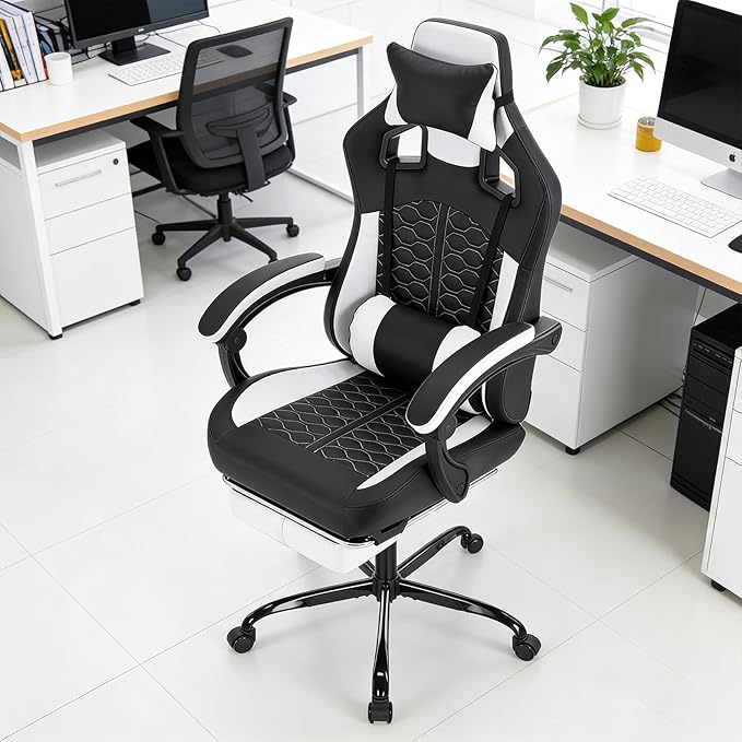 Computer Chair Gaming Gaming Chair with Massager Ergonomic High Back Racing Style Chair with Padded Armrests and Headrest for Long Sessions Work Game (Black White)
