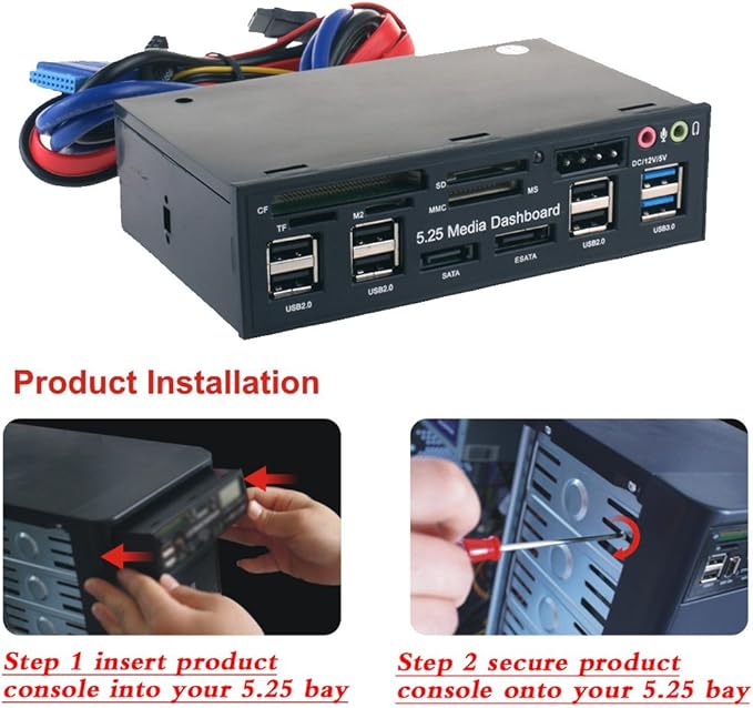 Multi-Function USB 3.0 Hub eSATA SATA Port Internal Card Reader PC Dashboard Media Front Panel Audio for SD MS CF TF M2 MMC Memory Cards Fits 5.25