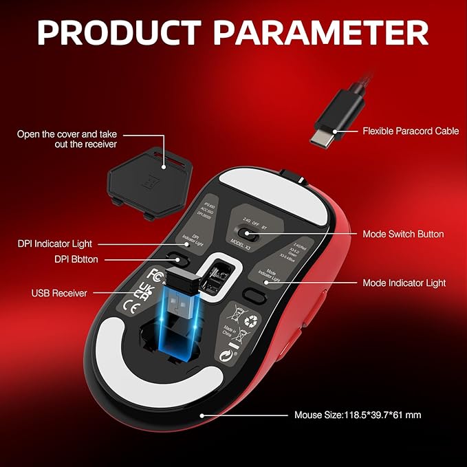 ATTACK SHARK X3 Wireless Gaming Mouse 49g Ergonomic Computer Mouse Triple Modes PAW3395 26K DPI Optical Sensor 200h Battery Life Programmable Buttons Gaming Accessories for PC/Laptop/Mac (Red)