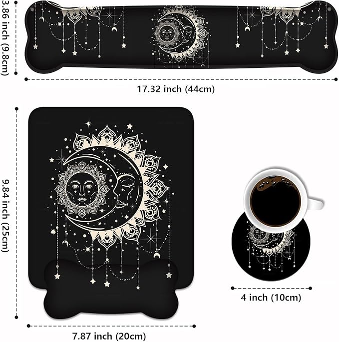 Wrist Rest Support Ergonomic Gel Mouse Pad and Memory Foam Keyboard Set Non-Slip Rubber PU Base for Home Office Working Studying Easy Typing &amp Pain Relief Celestial Theme Sun with Crescent Moon