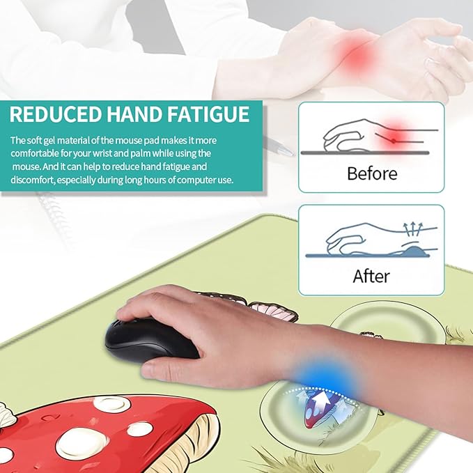 Keyboard Mouse Pad Set Extended Gaming Mouse Pad+Ergonomics Keyboard Wrist Rest Support Memory Foam Easy Typing Pain Relief 4Pcs XL Ultra Thick Desk MatFrog Butterflies Mushroom