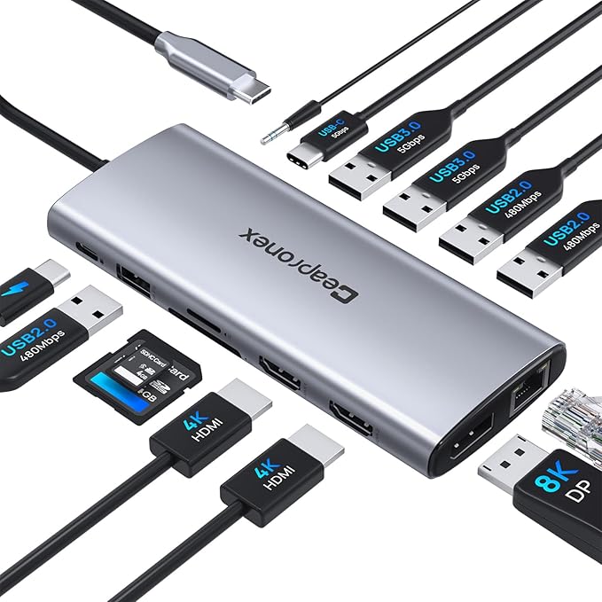 USB C Docking Station 14 in 1 with 2 HDMI 4K + DP 8K 3 Monitors Triple Display for Laptop/MacBook Pro/Air/HP/DELL/Lenovo USB C Hub Dongle Dock with USB 3.0 RJ45100W PD SD/TF Audio/Mic