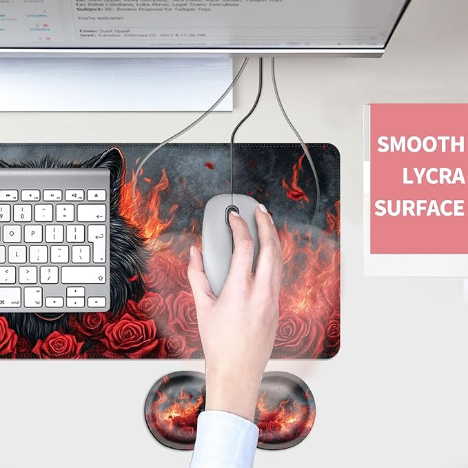 Mouse PadLarge Desk Mat Set 4in1 XL Mousepad + Keyboard Wrist Rest+Mouse Wrist Rest+Coaster with Ergonomic Desk Pad for Home Office Table Computer Cover -Wolf with Roses and Flames