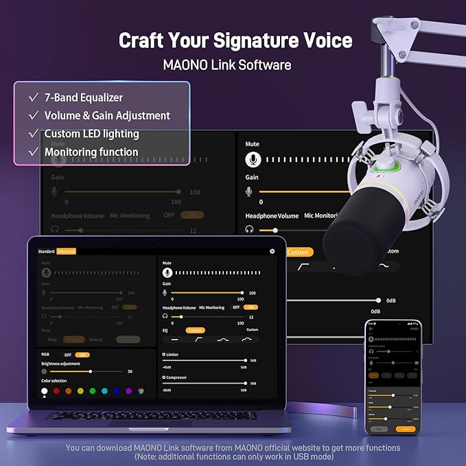 MAONO XLR/USB Dynamic Microphone Kit RGB Podcast Mic with Software Mute Gain Knob Volume Control Boom Arm for Streaming Gaming Voice-Over Recording-PD200XS White
