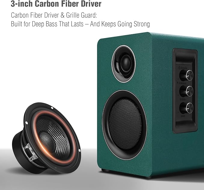 Computer Speakers for Desktop PC Active Bookshelf Speaker with 3‘’ Carbon Fiber Woofer and Silk Film Tweeter Supports Bluetooth 5.3 USB-C AUX/RCA Input for Record Player TV - Green Stereo Set