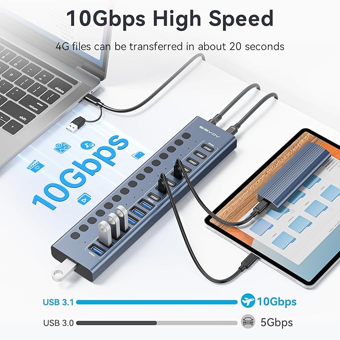 Powered USB 3.2 Hub ACASIS 16 Ports USB 3.2 Hub(8 USB-A 3.2 Ports+8 USB-C 3.2 Ports) Aluminum USB Hub Powered with 96W Power Adapter USB Hub for PC/Laptop Computer Flash Drive Printer Camera