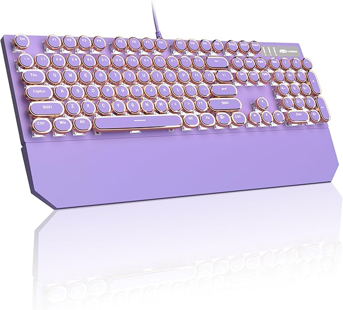 MageGee Typewriter Mechanical Gaming Keyboard Retro Punk Purple Round Keycaps 104 Keys LED White Backlit Wired Keyboards for Laptop MAC PC Gamer with Magnetic Wrist Rest Blue Switch