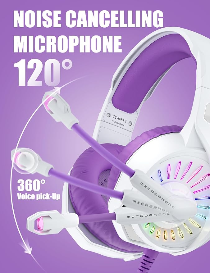ZIUMIER Purple Gaming Headset with Microphone Compatible with PS4 PS5 Xbox One PC Laptop Over-Ear Headphones with LED RGB Light Noise Canceling Mic Stereo Surround Sound (Purple)