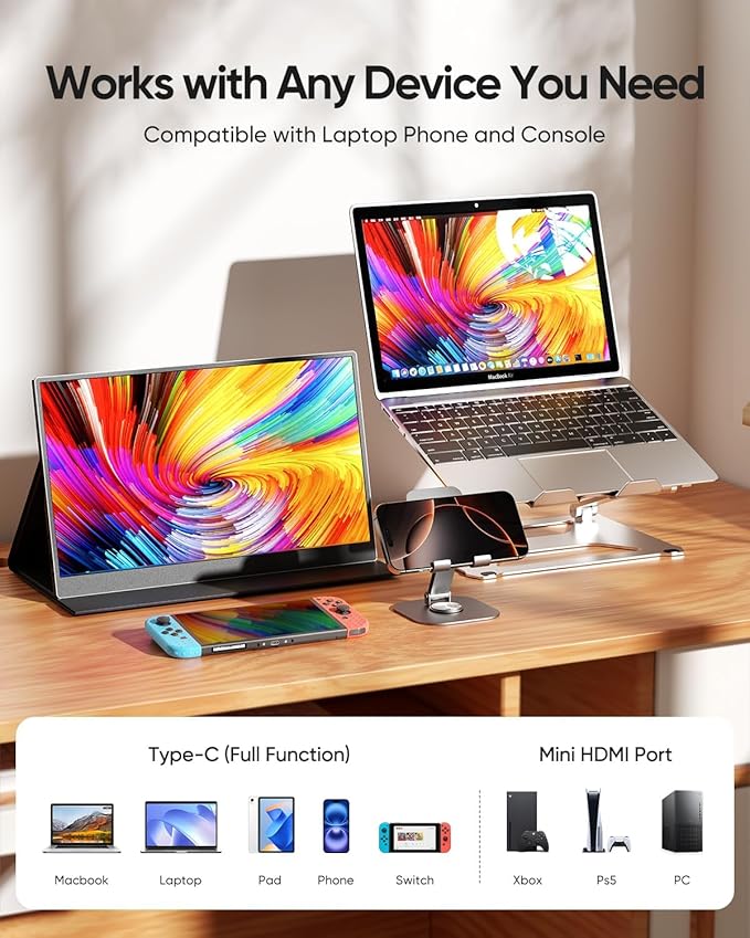 Portable Monitor 15.6 Inch 1080P FHD IPS Gaming Display Monitor with USB-C &amp HDMI Ultra-Slim External Second Screen with Smart Cover &amp Speakers for Laptop XboxPC Mac Phone PS5 Switch