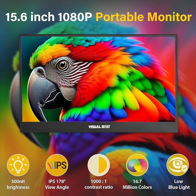 Portable Monitor 15.6'' 1080P FHD USB-C HDMI Computer Display IPS HDR VESA w/Smart Cover Dual Speakers for Laptop PC Mac Phone PS4/5 Xbox