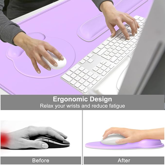Dapesuom Large Gaming Mouse Pad Mouse Pads with Wrist Rest Wrist Support 4in1 Big XXL Desk Mat Desk Pad + Ergonomic Mousepad + Memory Foam Keyboard Mat Wrist Rest + Coaster Set for Computer Purple