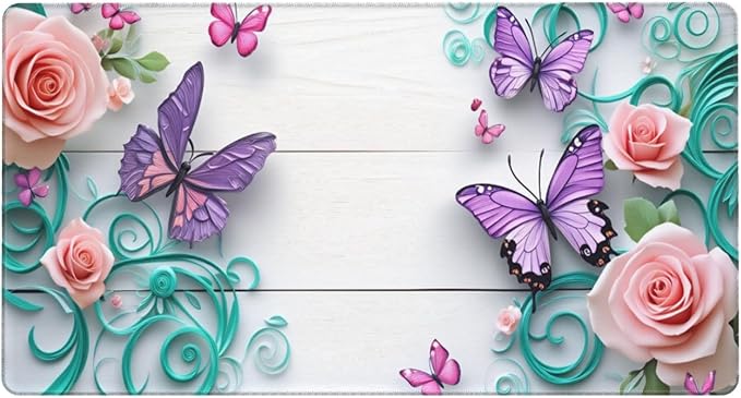 Pink Roses Butterflies Desk Cover MatExtended Large Mouse PadComputer Laptop Mat Desk Decor for Office Game Home 30x16 Inch