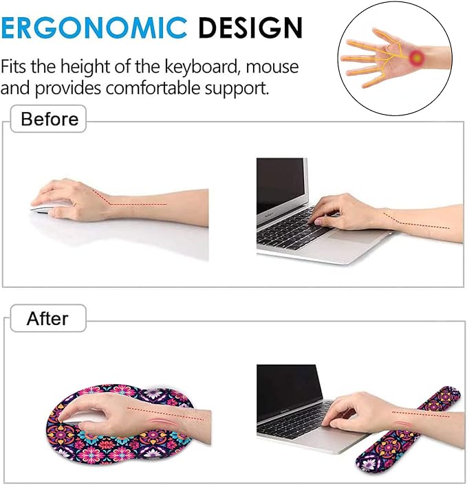 Keyboard Wrist Rest and Mouse Pad Wrist Support Set with CoasterErgonomic Mouse PadComfortable for Easy Typing Pain ReliefMemory Foam Keyboard Pad Set for Laptop MacColorful Mandala