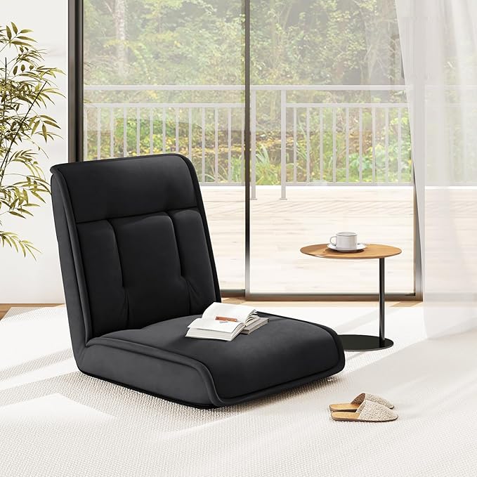 COSTWAY Folding Floor Chair Convertible Lazy Sofa with 14-Poistion Adjustable Backrest 5-Position Adjustable Headrest Cushioned Floor Gaming Chair for Adults Reading Meditating (Black)