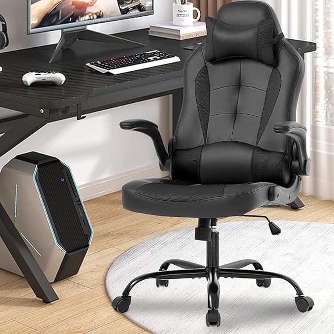 Gaming Chair High Back Computer Chair Egonomic Office Chair PU Leather Video Game Chairs Swivel Executive Chairwith Flip Up Arm Headrest Racing Chairs Rolling Chair for Adults Black