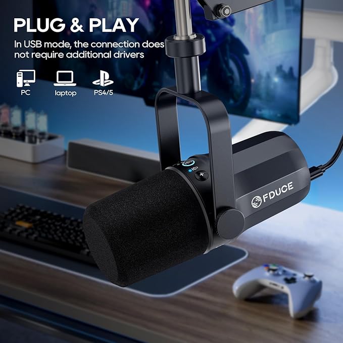 FDUCE SL40 USB/XLR Dynamic Microphone for Podcasting Gaming Live Streaming and Recording Built-in Headphone Output LED Mute Button All Metal Voice Isolation Technology