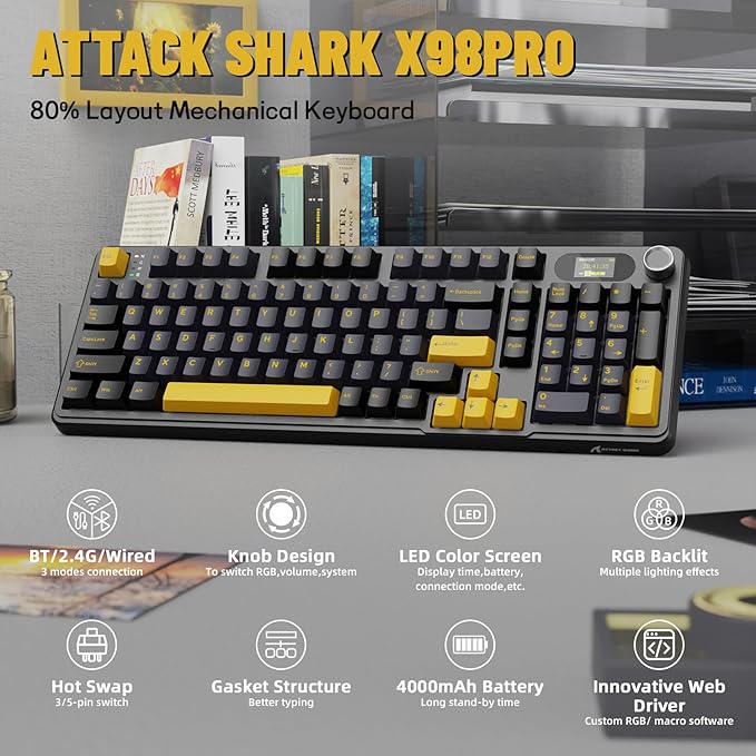 ATTACK SHARK X98PRO Wireless Mechanical KeyboardMulti-Function Knob&ampTFT ScreenTri-Mode BT/2.4G Hz/USB-C Wired KeyboardHot-Swap RGB Backlit4000mAh 98 KeysCloud Drivefor Win/Mac/Linux-Starry B